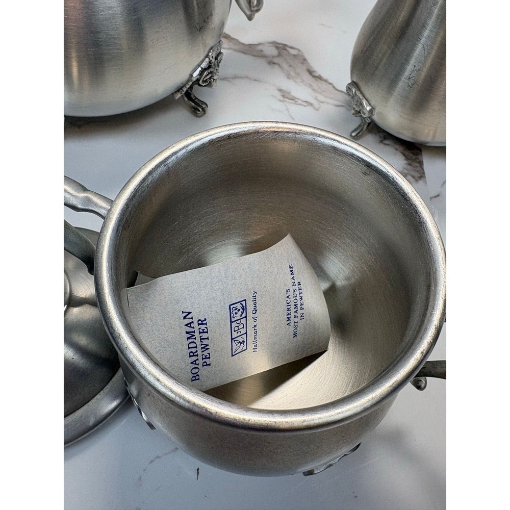 Boardman Pewter Tea Coffee Set‎ 3pc Rams Head Feet Teapot Sugar Creamer - Picture 7 of 12